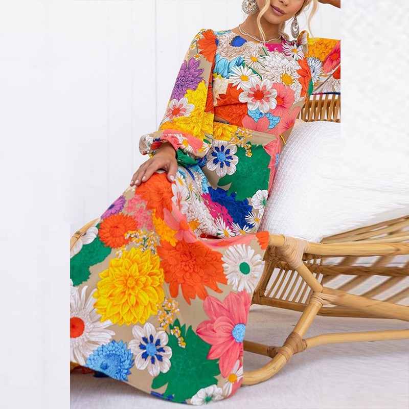Elegant Fashion Colorful Flower Print Long Sleeve Sexy Hollow Backless Tie Party Maxi Dress