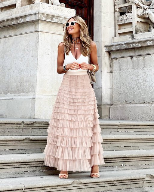 Women's Fashion Solid Color Layered Ruffle Design Elegant Party Skirt