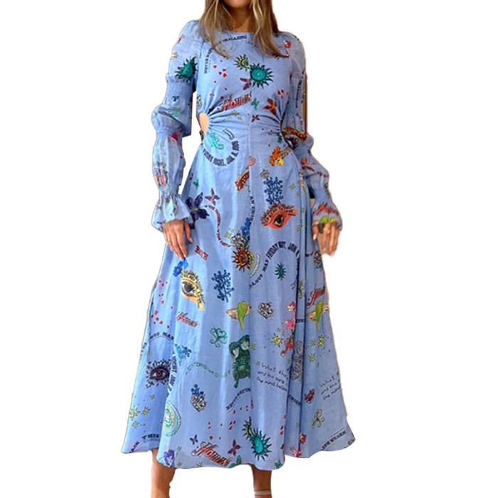 Fashion Ladies Elegant Printed Painted Lantern Sleeve  Maxi Dress