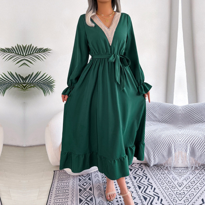 Women's V-Neck Tie High Waist Ruffled Solid Color A-Line Maxi Dress