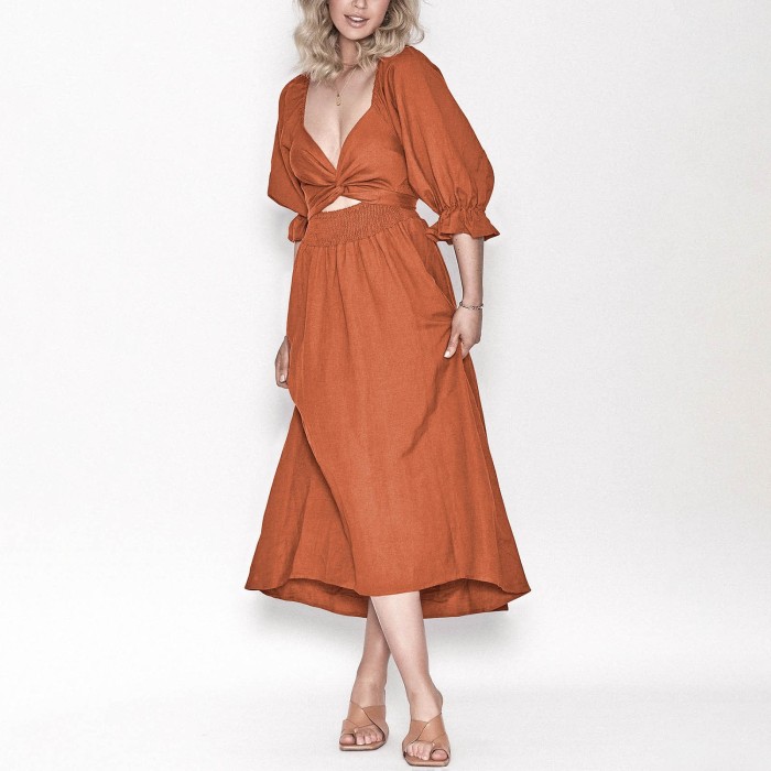 Fashion Solid Color Casual Elegant Design Elastic Band Vintage Sleeve Maxi Dress