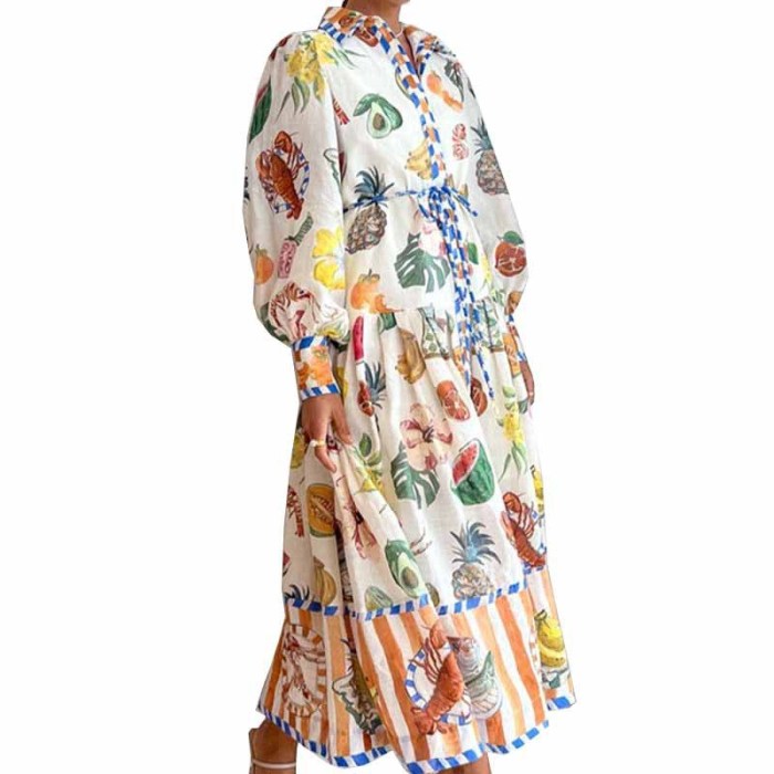 Women's Fashion Casual Lace-Up Floral Print High Waist Long Sleeve Maxi Dress