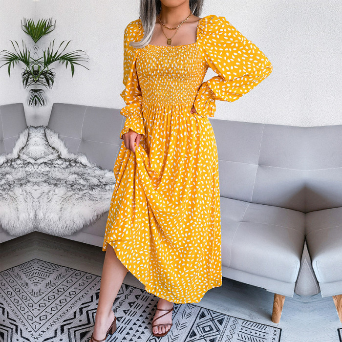 Elegant Square Neck Full Sleeve A-Line Ruched Print Chic Maxi Dress