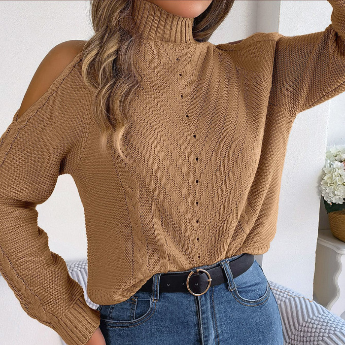Women's Fashion Casual Strapless High Neck Hollow Long Sleeve Knitted Sweater
