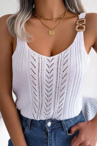 Women's Casual Metal Button V-Neck Hollow Top Knitted Fashion Vest