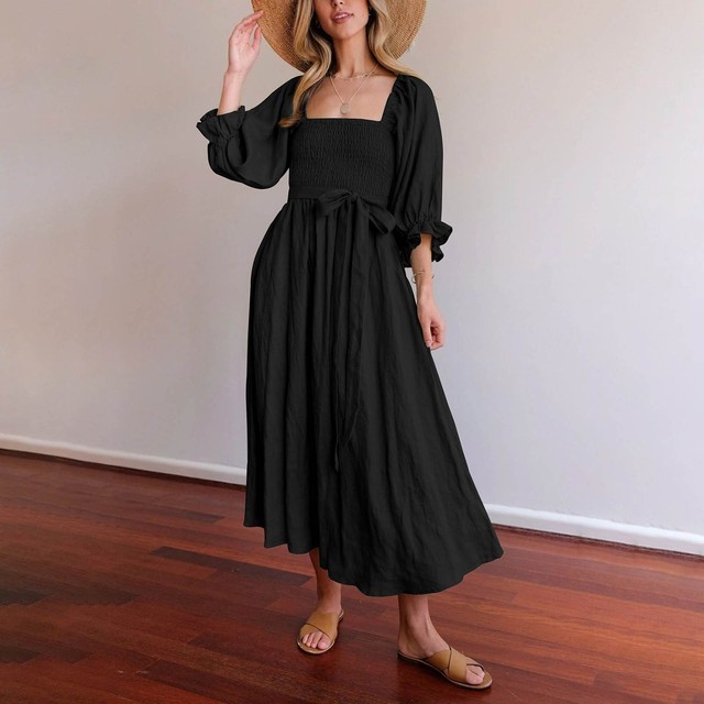 Fashion Solid Color Casual Elegant Design Elastic Band Vintage Sleeve Maxi Dress