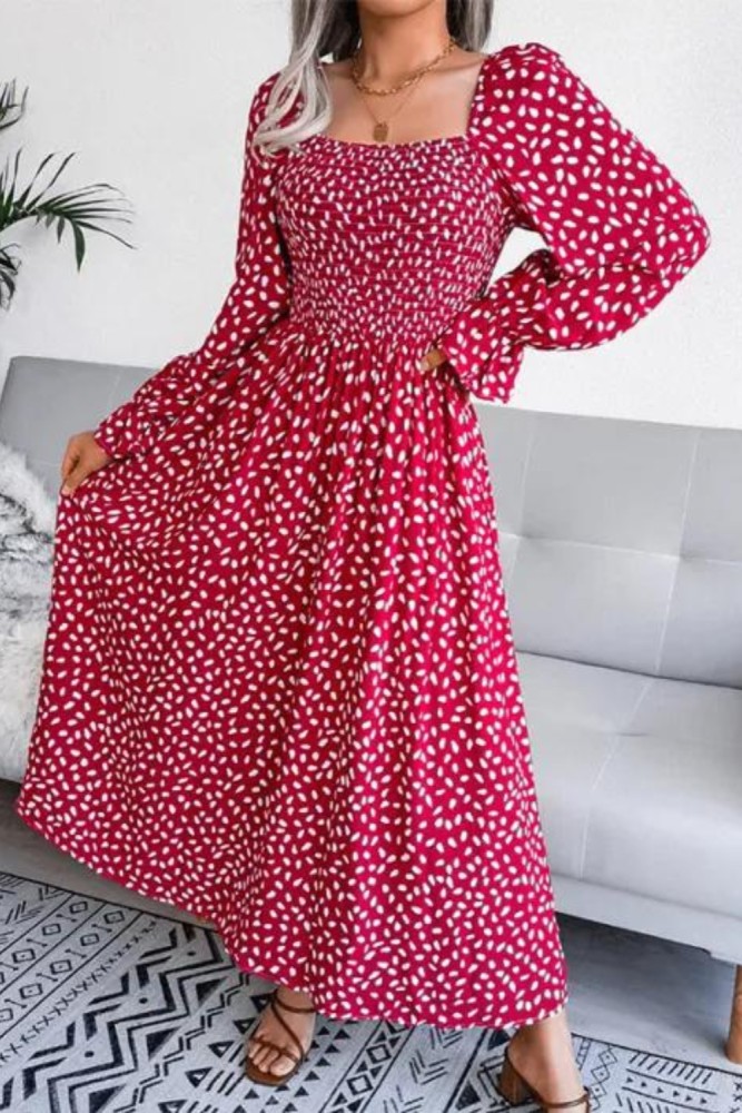 Elegant Square Neck Full Sleeve A-Line Ruched Print Chic Maxi Dress