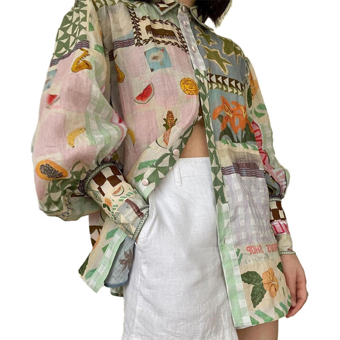 Women's Fashionable Commuting Lapel Printed Loose Casual Long Sleeve Shirt