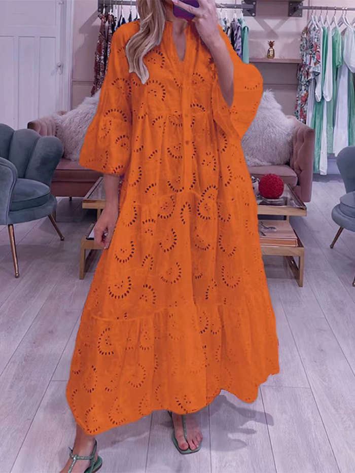 Elegant Solid Color Sexy V-Neck Trumpet Sleeve Hollow Casual Loose Maxi Dress