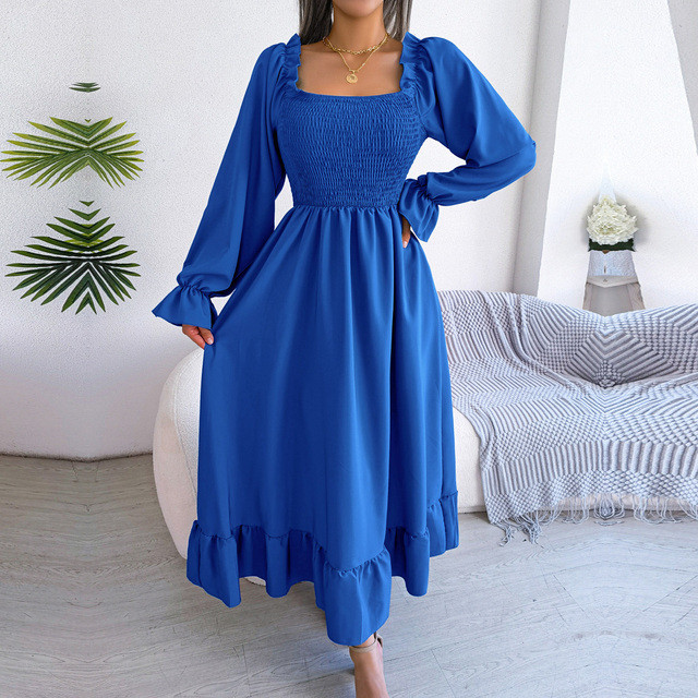 Fashion Casual Solid Color Square Neck Flared Large Swing Ruffle Maxi Dress