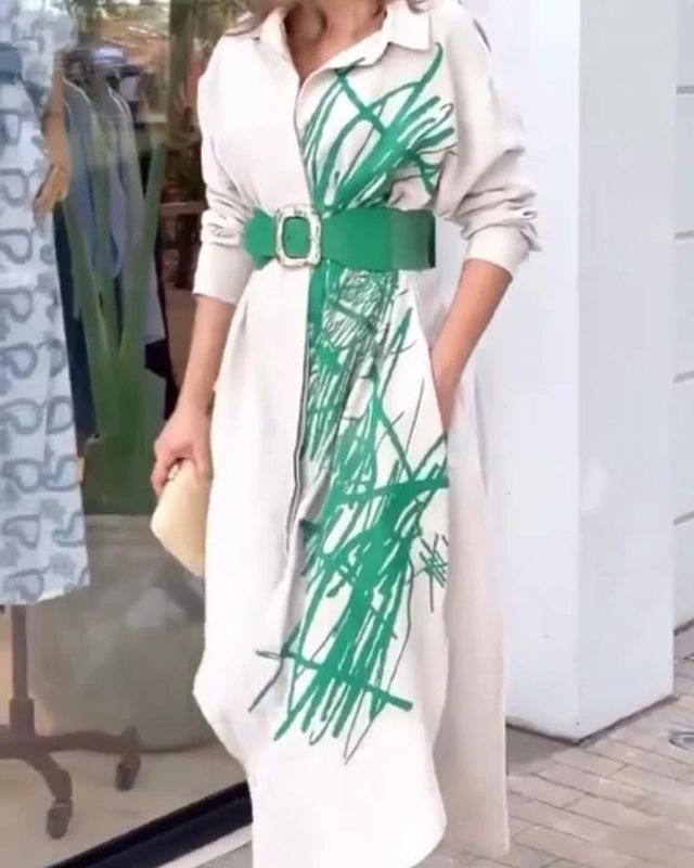 Fashion Casual Elegant Print Versatile Lapel Party Belt Maxi Dress