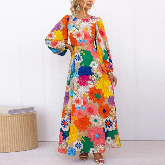 Elegant Fashion Colorful Flower Print Long Sleeve Sexy Hollow Backless Tie Party Maxi Dress