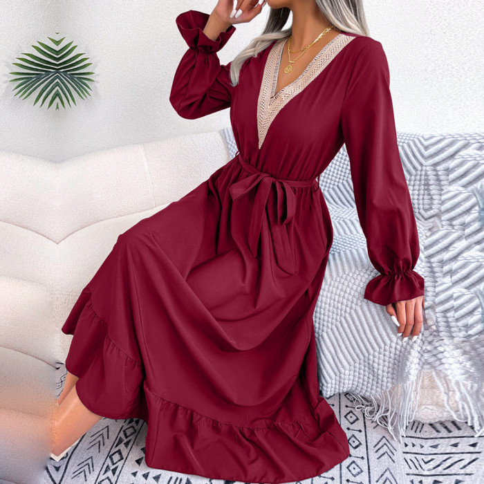 Women's V-Neck Tie High Waist Ruffled Solid Color A-Line Maxi Dress