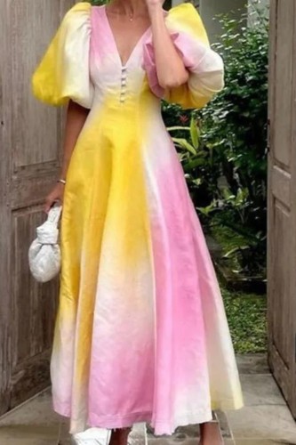 Colorful Rainbow V Neck Puff Sleeve Backless High Waist Fashion Party Maxi Dress