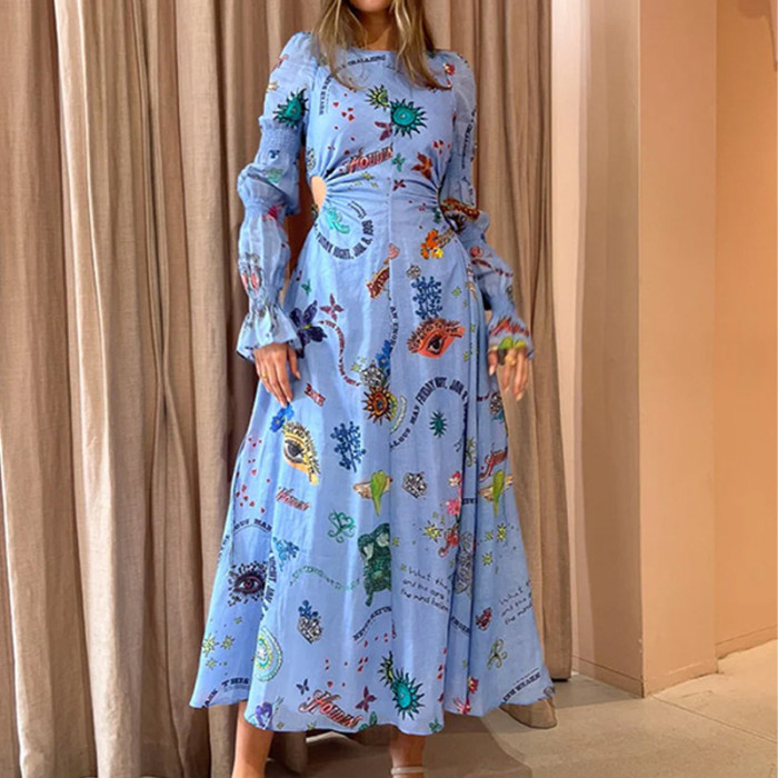 Fashion Ladies Elegant Printed Painted Lantern Sleeve  Maxi Dress