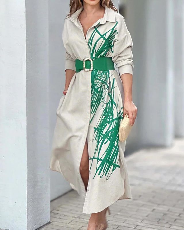 Fashion Casual Elegant Print Versatile Lapel Party Belt Maxi Dress