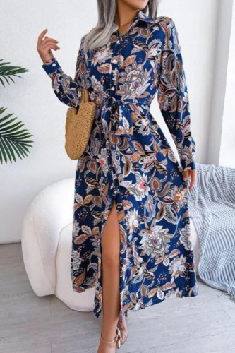 Women's Vintage Floral Long Sleeve Tie Fashion Print Maxi Dress