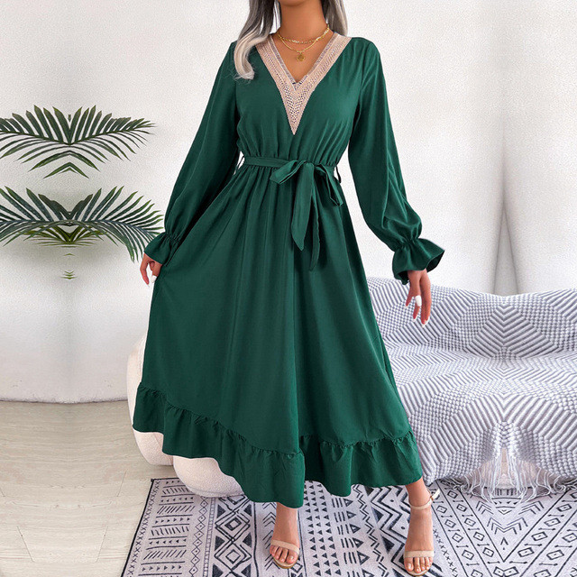 Women's V-Neck Tie High Waist Ruffled Solid Color A-Line Maxi Dress