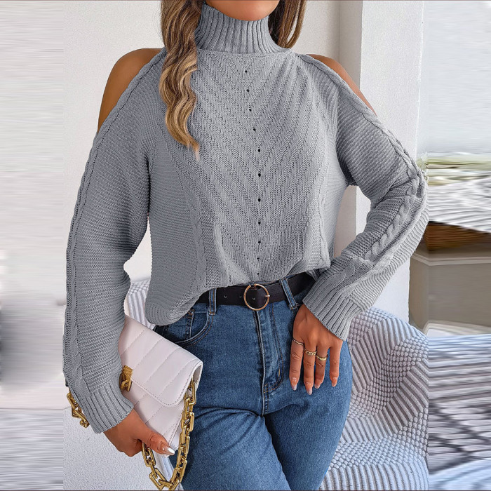 Women's Fashion Casual Strapless High Neck Hollow Long Sleeve Knitted Sweater
