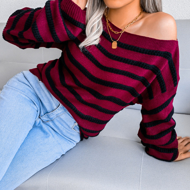 Women's Fashion Off Shoulder Long Sleeves Casual Loose Striped Knit Fashion Tops