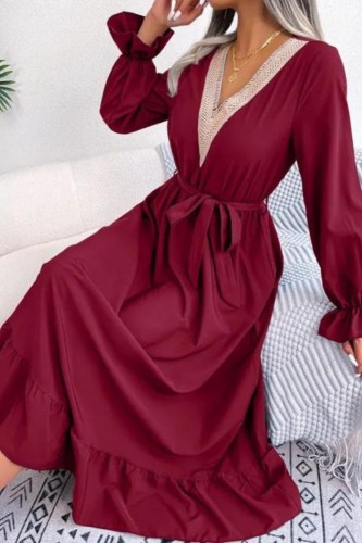 Women's V-Neck Tie High Waist Ruffled Solid Color A-Line Maxi Dress