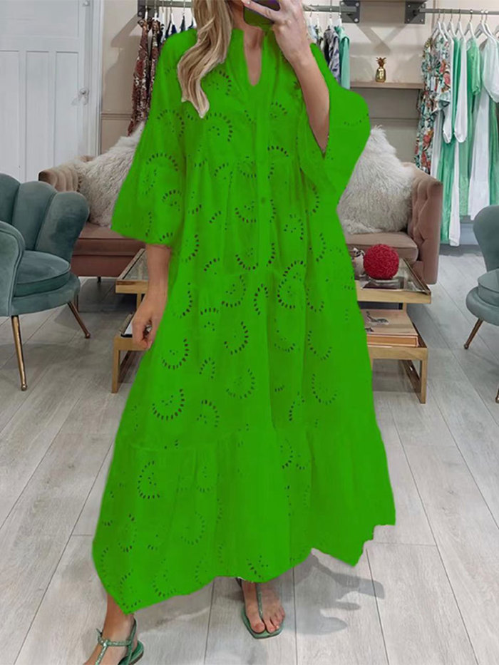 Elegant Solid Color Sexy V-Neck Trumpet Sleeve Hollow Casual Loose Maxi Dress