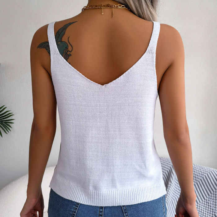 Women's Casual Metal Button V-Neck Hollow Top Knitted Fashion Vest
