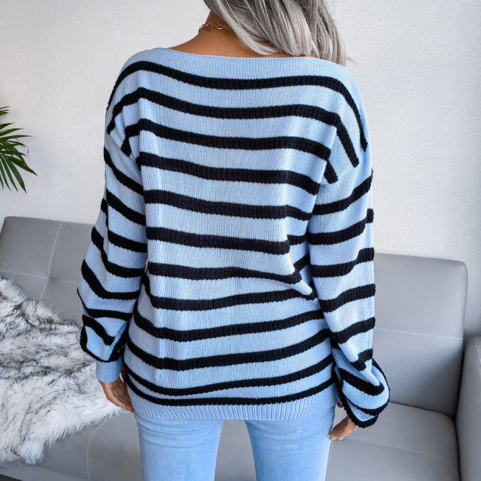 Women's Fashion Off Shoulder Long Sleeves Casual Loose Striped Knit Fashion Tops