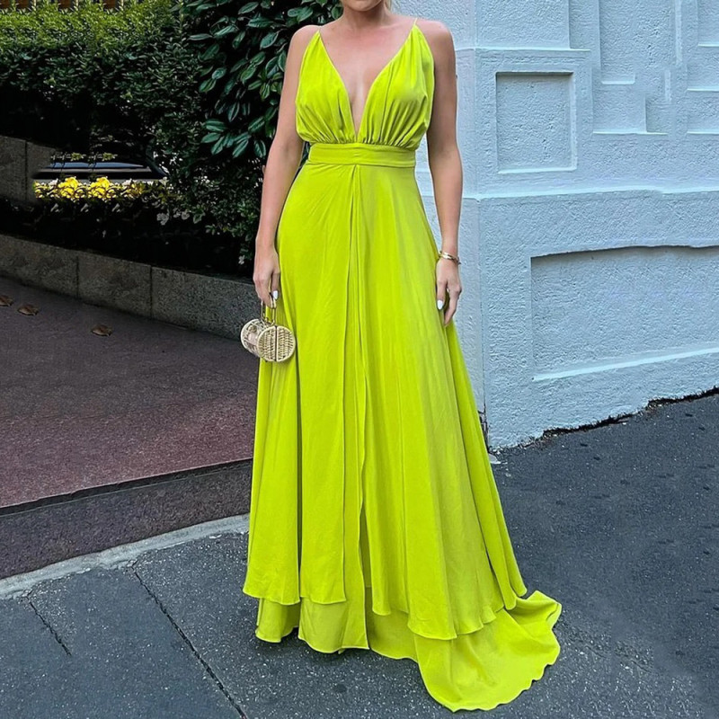Fashion Deep V Solid Color Backless Irregular Elegant Party Maxi Dress