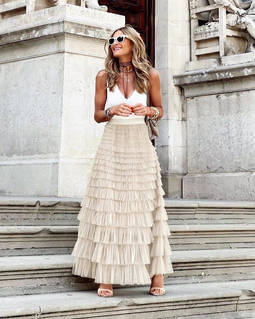 Women's Fashion Solid Color Layered Ruffle Design Elegant Party Skirt