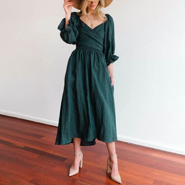 Fashion Solid Color Casual Elegant Design Elastic Band Vintage Sleeve Maxi Dress