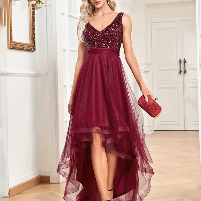 Elegant V Neck Sequined Dress, Sleeveless Contrast Mesh Dress For Party & Banquet, Women's Clothing