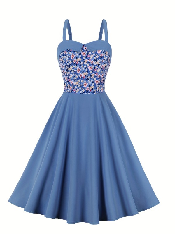 Ditsy Floral Print Splicing Dress, Elegant Cami Sleeveless Pleated Dress, Women's Clothing