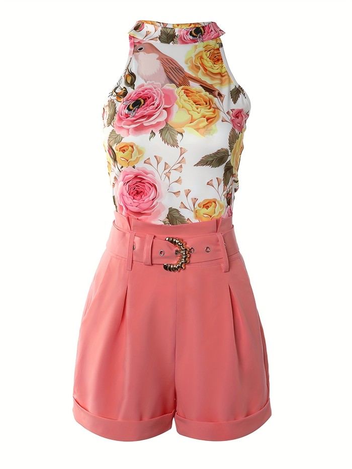 Casual Two-piece Shorts Set, Floral Print Tank Top & Shorts With Belt Outfits, Women's Clothing