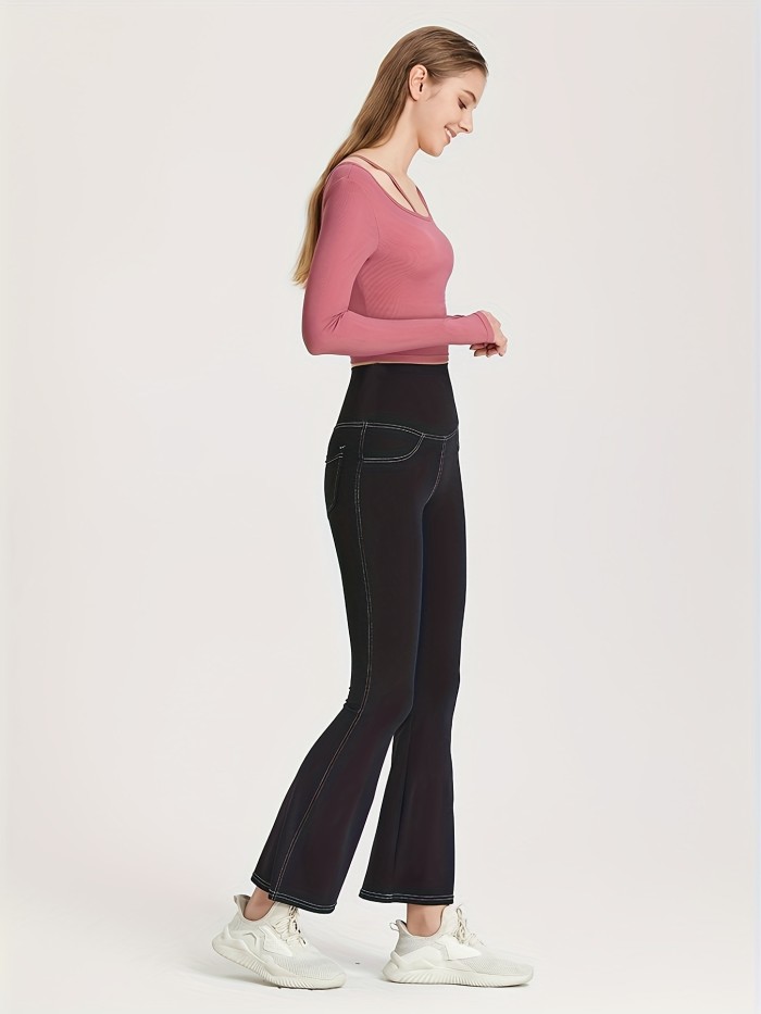 Imitation Denim Sports Tummy Control Yoga Pants, Women's Quick-drying High-waisted Butt-lifting Pocket Flared Pants, Women's Activewear