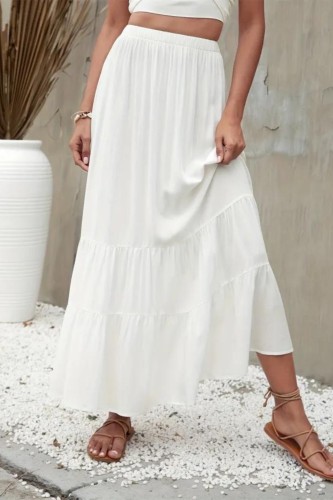 Boho Ruffle Trim Tiered Long Skirts , Elastic Waist White A-line Maxi Skirts , Women's Clothings