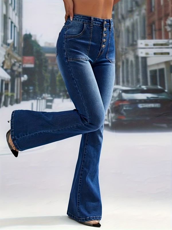 Blue High Waist Flared Jeans, Bell Bottom Single-Breasted Button Slash Pockets Denim Pants, Women's Denim Jeans & Clothing
