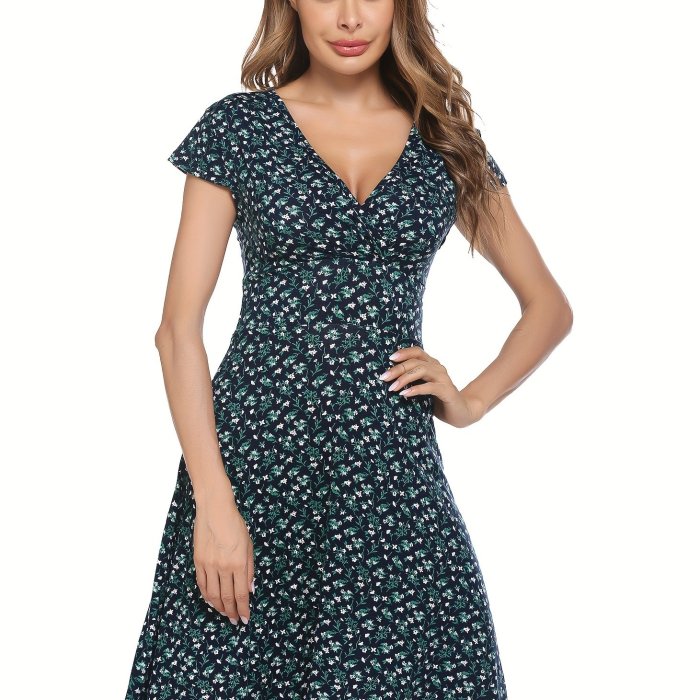 Floral Print V Neck Dress, Casual Short Sleeve Dress For Spring & Summer, Women's Clothing