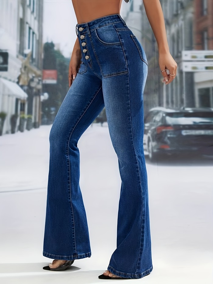 Blue High Waist Flared Jeans, Bell Bottom Single-Breasted Button Slash Pockets Denim Pants, Women's Denim Jeans & Clothing