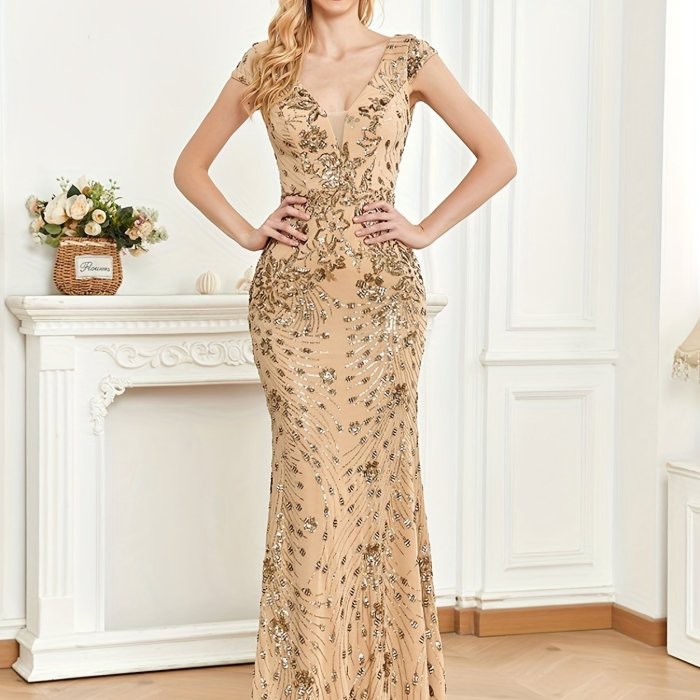 Elegant Skinny Sequined Dress, Cap Sleeve Ankle Dress For Party & Banquet, Women's Clothing
