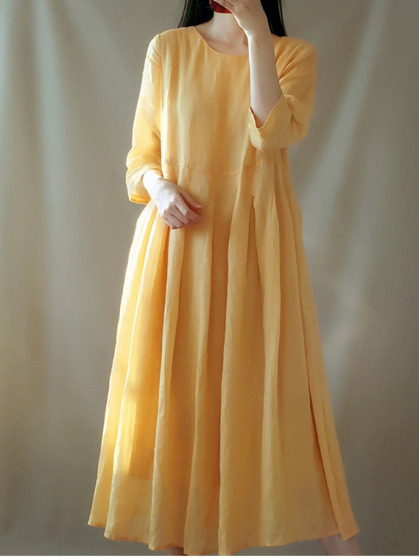 Fashion Casual Elegant Retro Loose Cotton Linen Casual Midi Dress