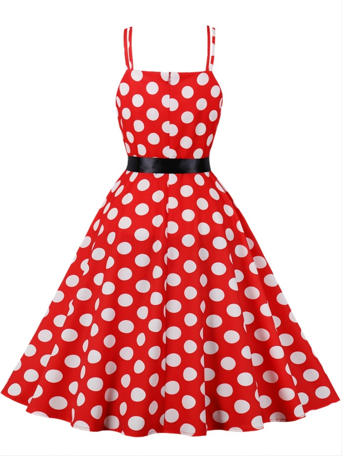 Retro Polka Dot Print Spaghetti Dress, Knotted Sleeveless Fashion Large Swing Lace Up A-line Dresses, Women's Clothing