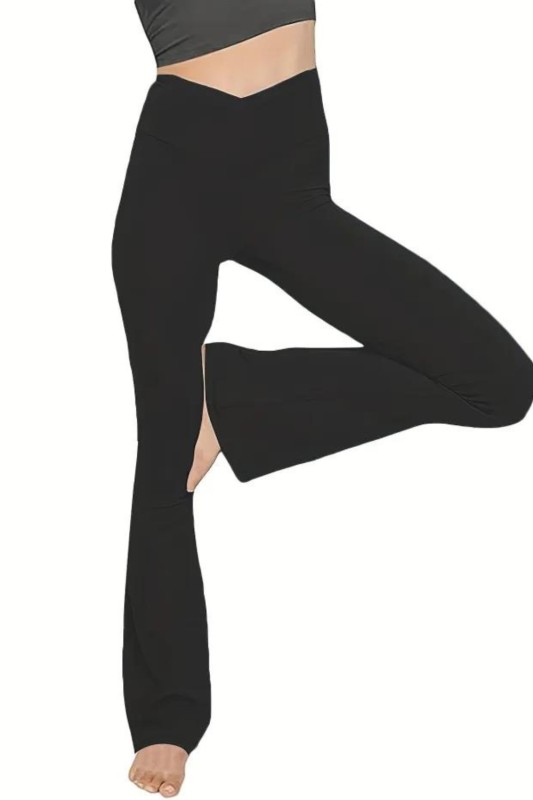 Women's Solid Flared Leggings, High Waist V Crossed Flared Yoga Fitness Yoga Pants, Women's Activewear