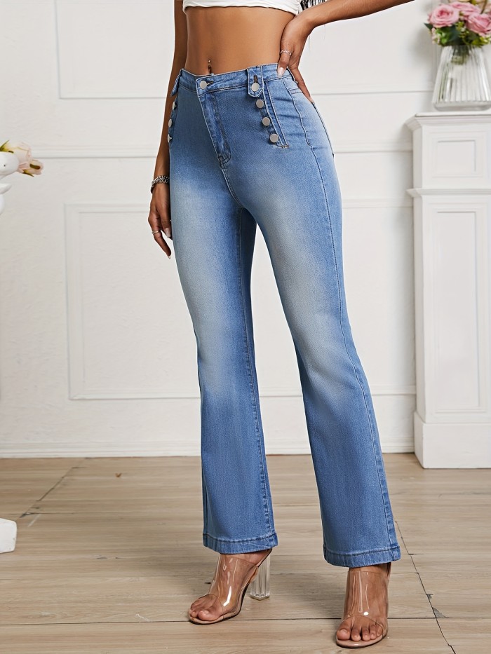 Blue High Waist Flared Jeans, Bell Bottom High Rise Wide Legs High-Stretch Denim Pants, Women's Denim Jeans & Clothing