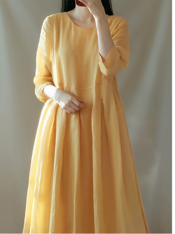 Fashion Casual Elegant Retro Loose Cotton Linen Casual Midi Dress