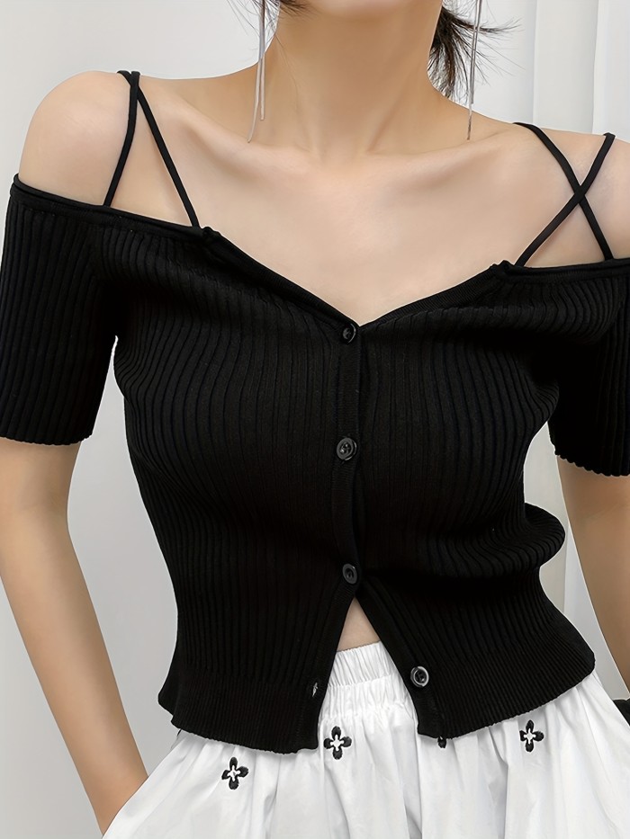 Off Shoulder Button Knitted Top, Sexy Short Sleeve Sweater For Spring & Summer, Women's Clothing
