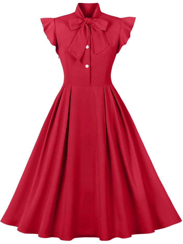 Bowknot Retro A-line Dress, Ruffle Trim Casual Dress, Women's Clothing