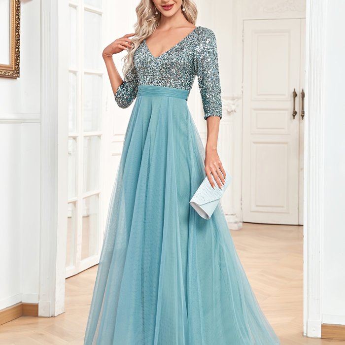 V-neck Contrast Sequin Long Dress, Elegant Chiffon Half Sleeve Waist Evening Gown Prom Party Dresses, Women's Clothing