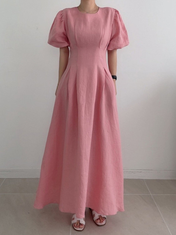 Women's Fashion Solid Color V-Neck Loose Retro Elegant Maxi Dress