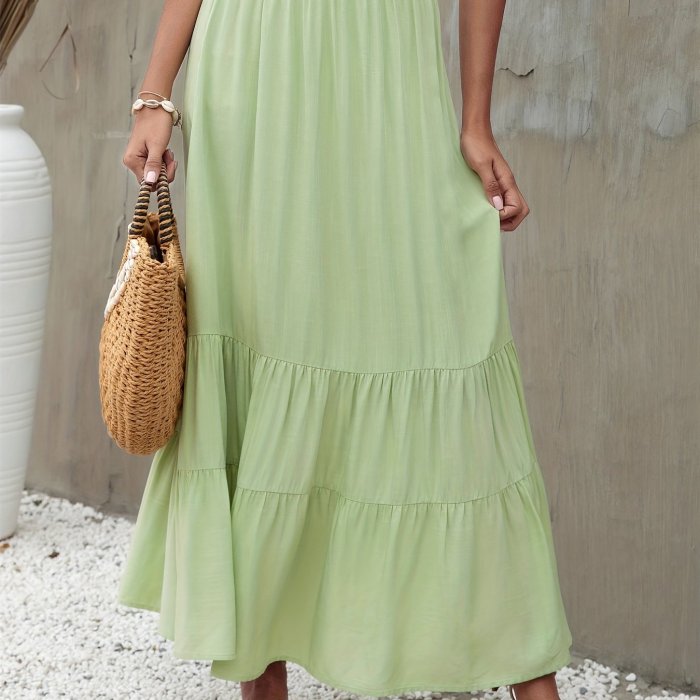 Boho Ruffle Trim Tiered Long Skirts , Elastic Waist White A-line Maxi Skirts , Women's Clothings